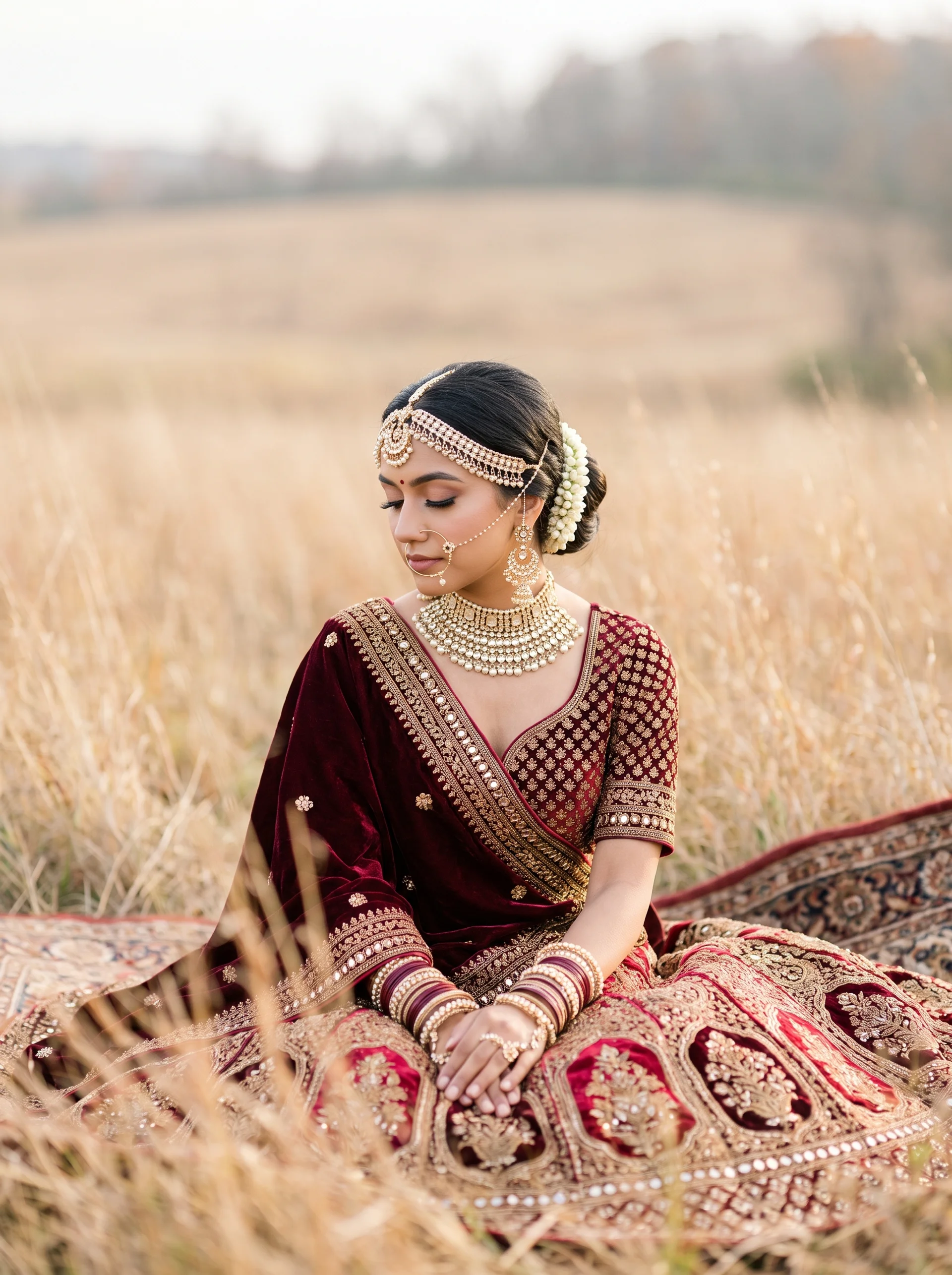 Maroon velvet bridal lehenga in a golden field