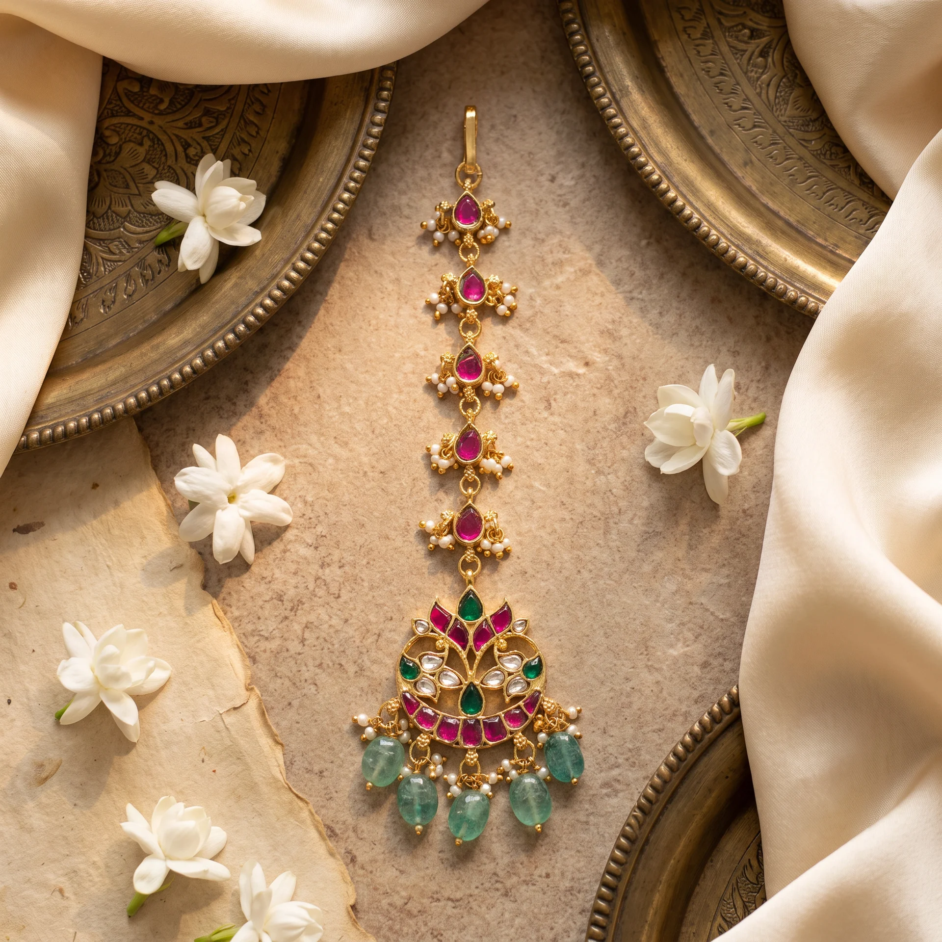 Kundan maang tikka with jasmine and antique brass plates