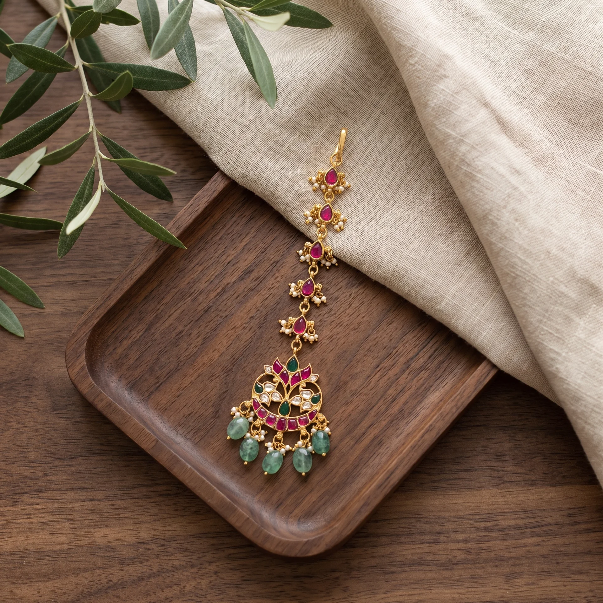 Kundan maang tikka styled on a walnut tray with olive leaves
